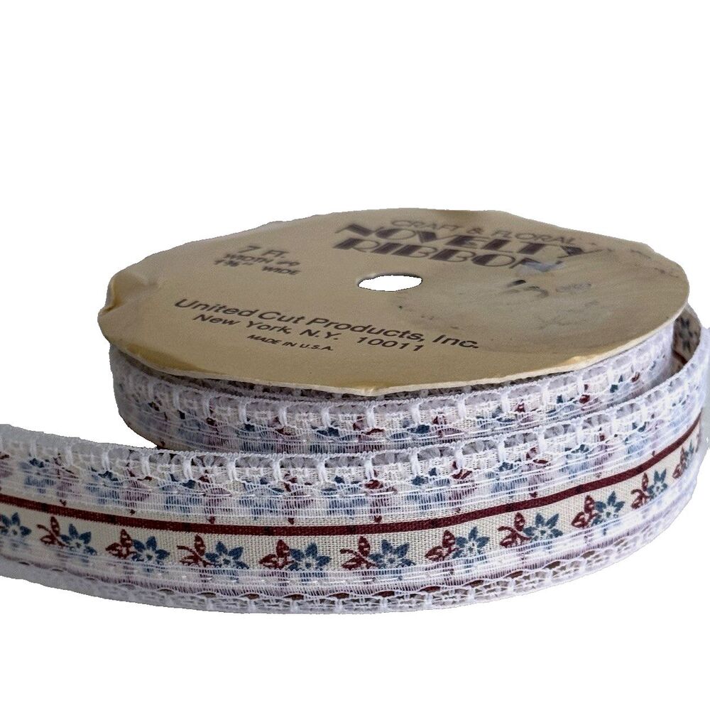 Vintage Calico Mauve Blue Floral Lace Ribbon Trim Border Roll Craft Novelty 7 ft